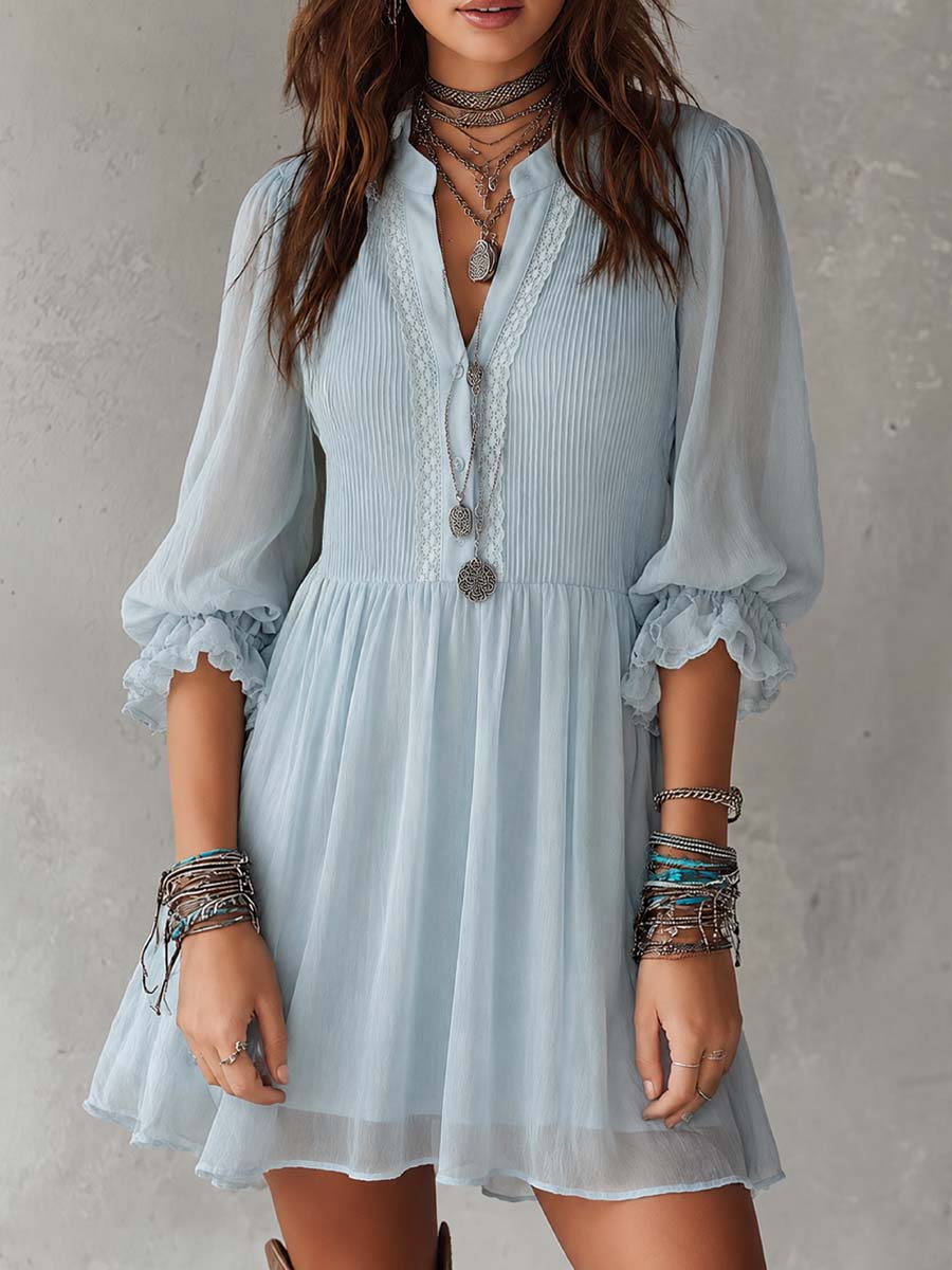 Retro Short-sleeved Ruffle Cuffs Chiffon Mini Dress
