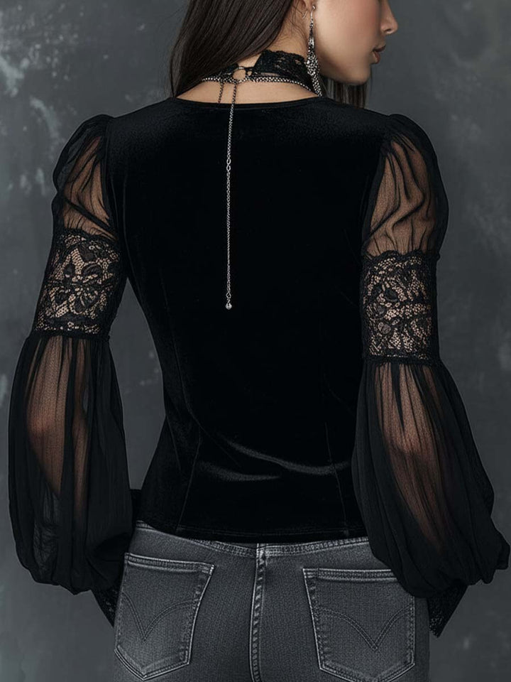 Vintage Henley Collar Sheer Sleeves Lace Trim Polyester Velvet Blouse | Harry & Kate London