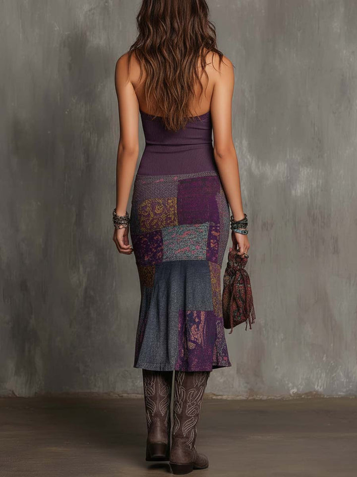 Retro Halter-Neck Knitted Floral Patchwork Midi Dress