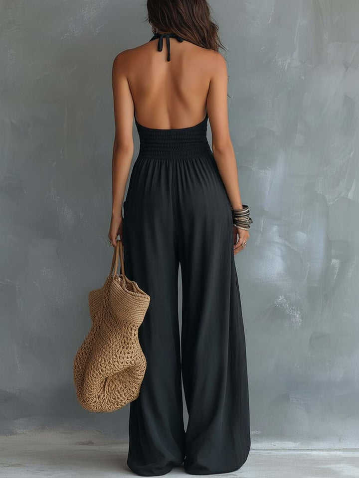 Retro Lace Halter-Neck Jumpsuit With Pockets