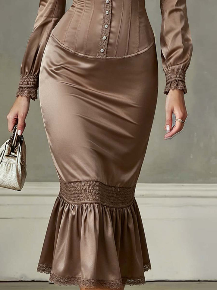 Vintage Ruffled Hem Lace-trimmed Polyester Satin Midi Dress | Harry & Kate London