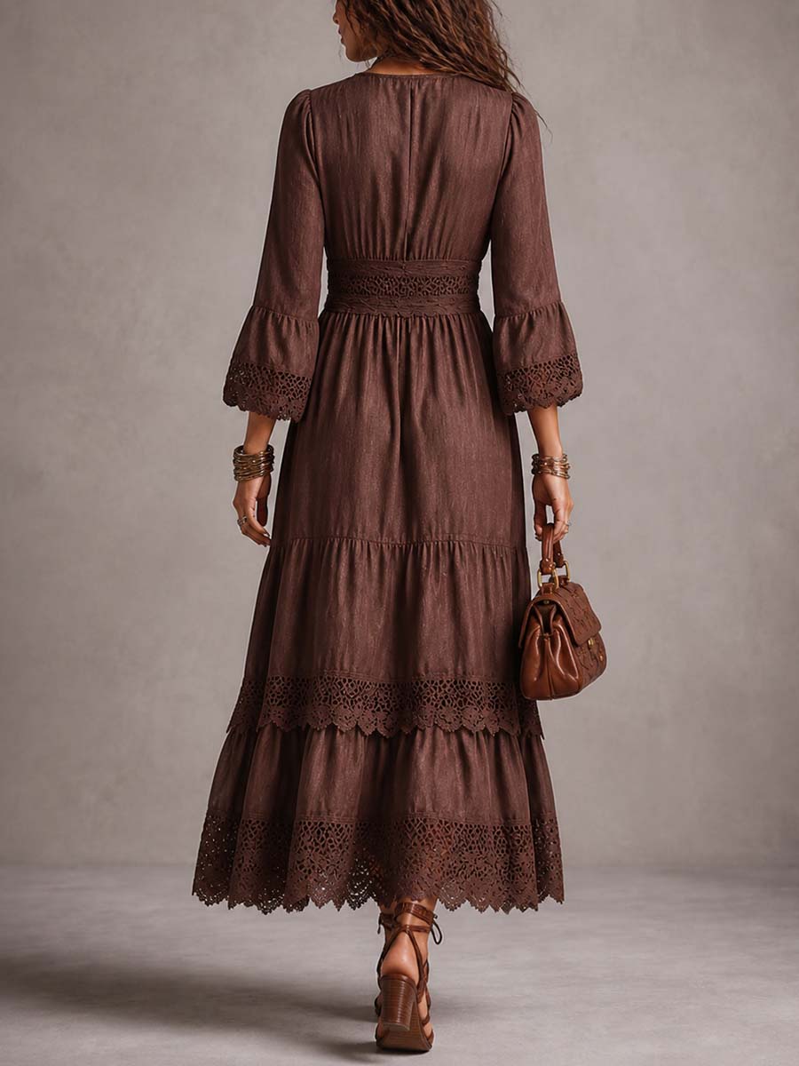 Vintage Puff-sleeve Lace Trim Cotton-linen Midi Dress
