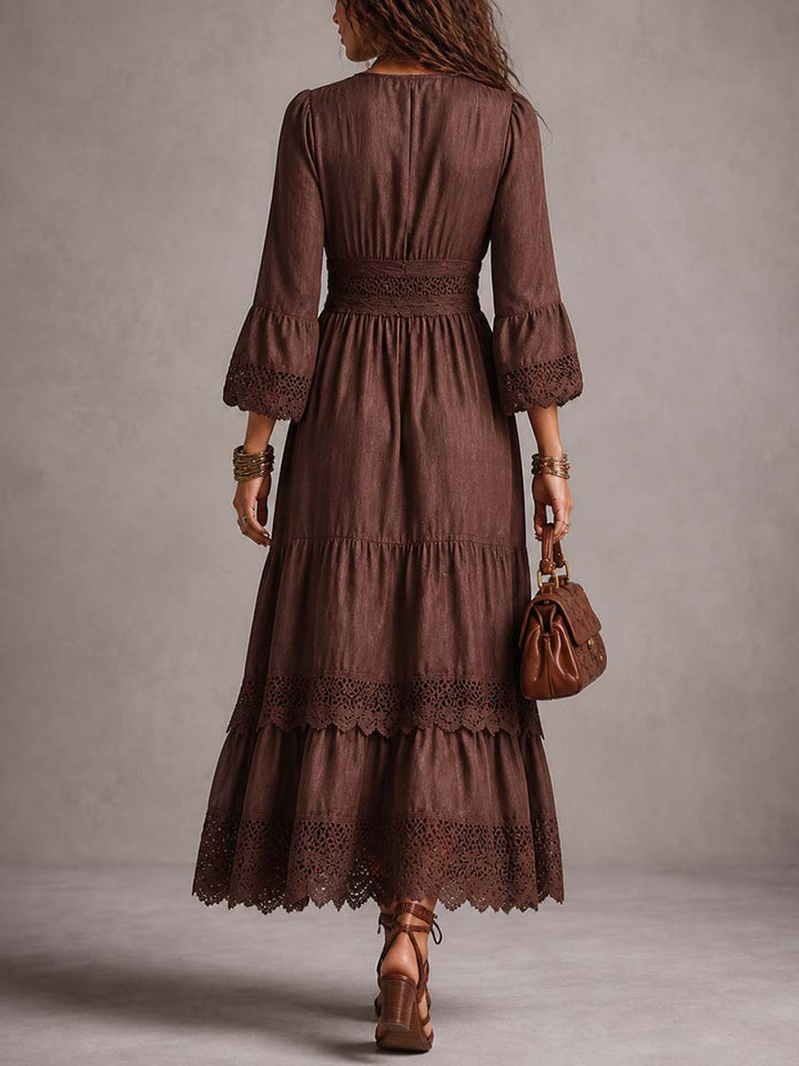 Vintage Puff-sleeve Lace Trim Cotton-linen Midi Dress