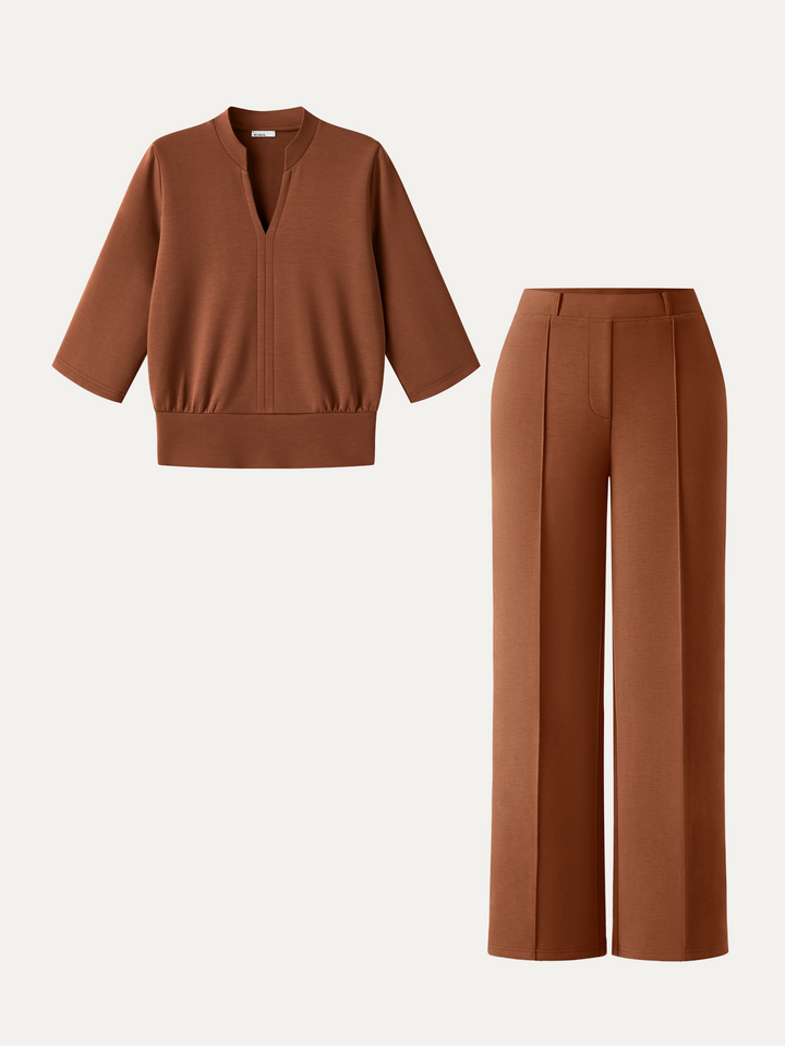 2Pcs Set V-Neck Elbow Sleeve Top & Mid Rise Straight Leg Pants with Pockets