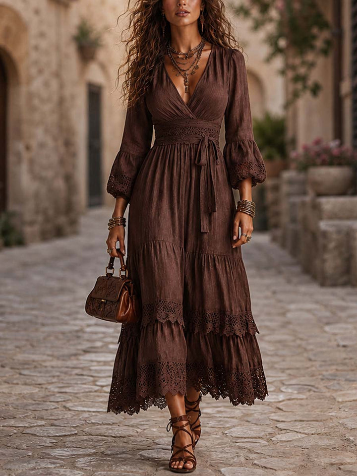 Vintage Puff-sleeve Lace Trim Cotton-linen Midi Dress