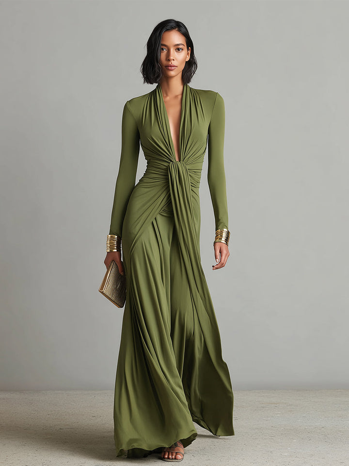 Olive Green Silk Maxi Dress — detail view