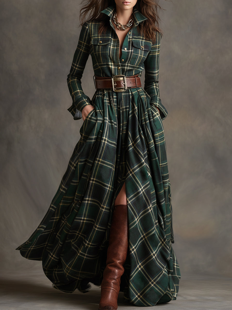 women's plaid maxi dress – reddish brown shirt style