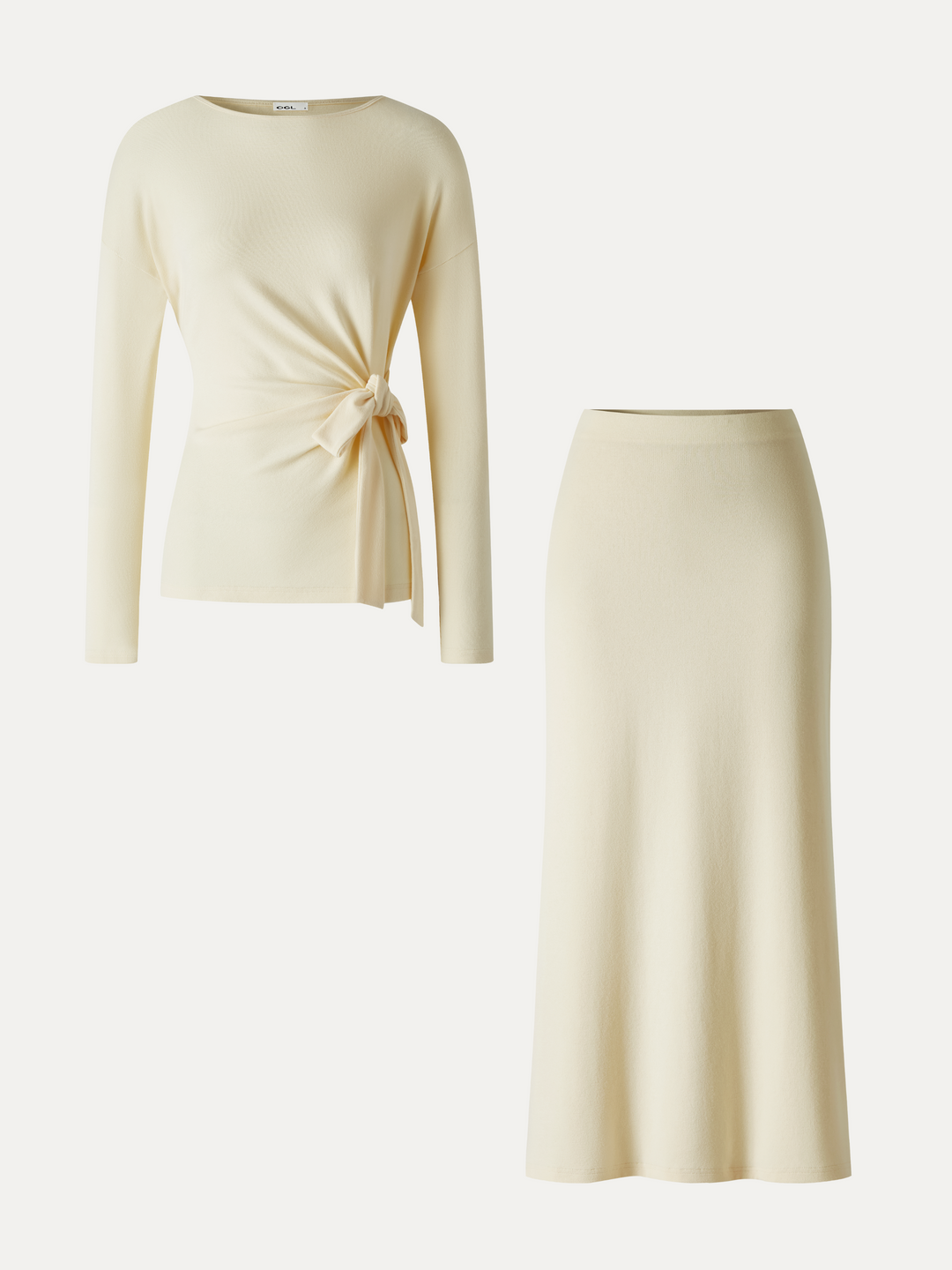 2Pcs Set LiteWarm Boatneck Long Sleeve Top & Mid-Rise Side-Slit Column Midi Skirt