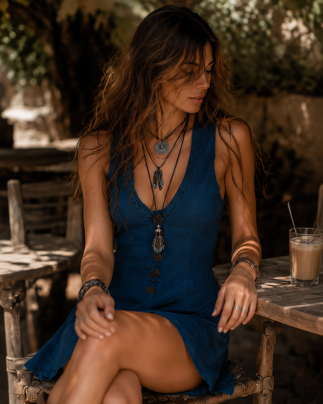 Boho Chic Indigo Embroidery Buttons Sleeveless Mini Dress