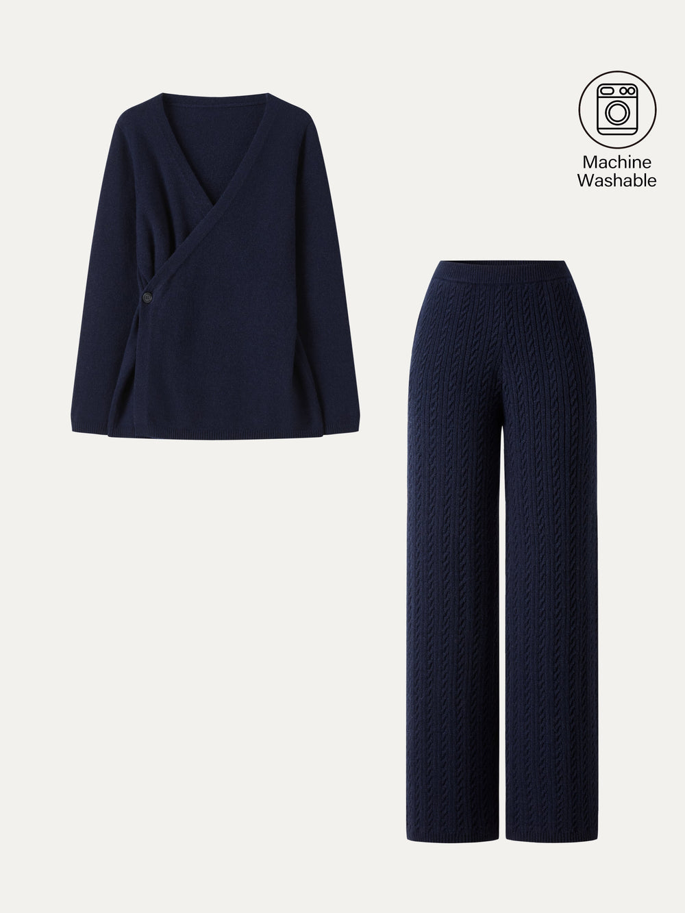 2Pcs Set V-Neck Long Sleeve Wrap Sweater & Cable-Knit Wide-Leg Pants with Pockets — women's women > bundles&sets > bundles, back view
