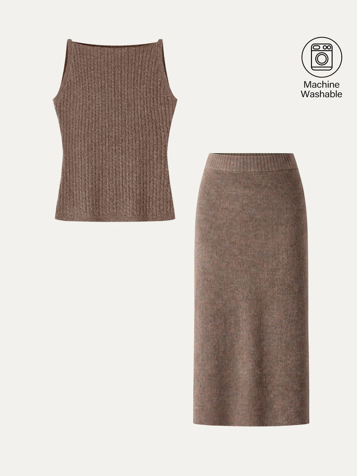 2Pcs Set Merino-Blend Sleeveless Sweater Tank & Merino-Blend Knit Skirt