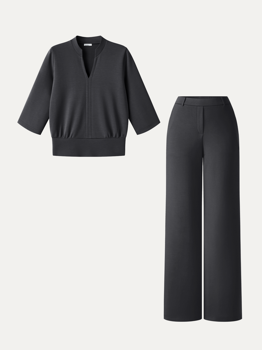 2Pcs Set V-Neck Elbow Sleeve Top & High-Rise Wide Leg Pants with Pockets — women's women > bundles&sets > bundles, back view