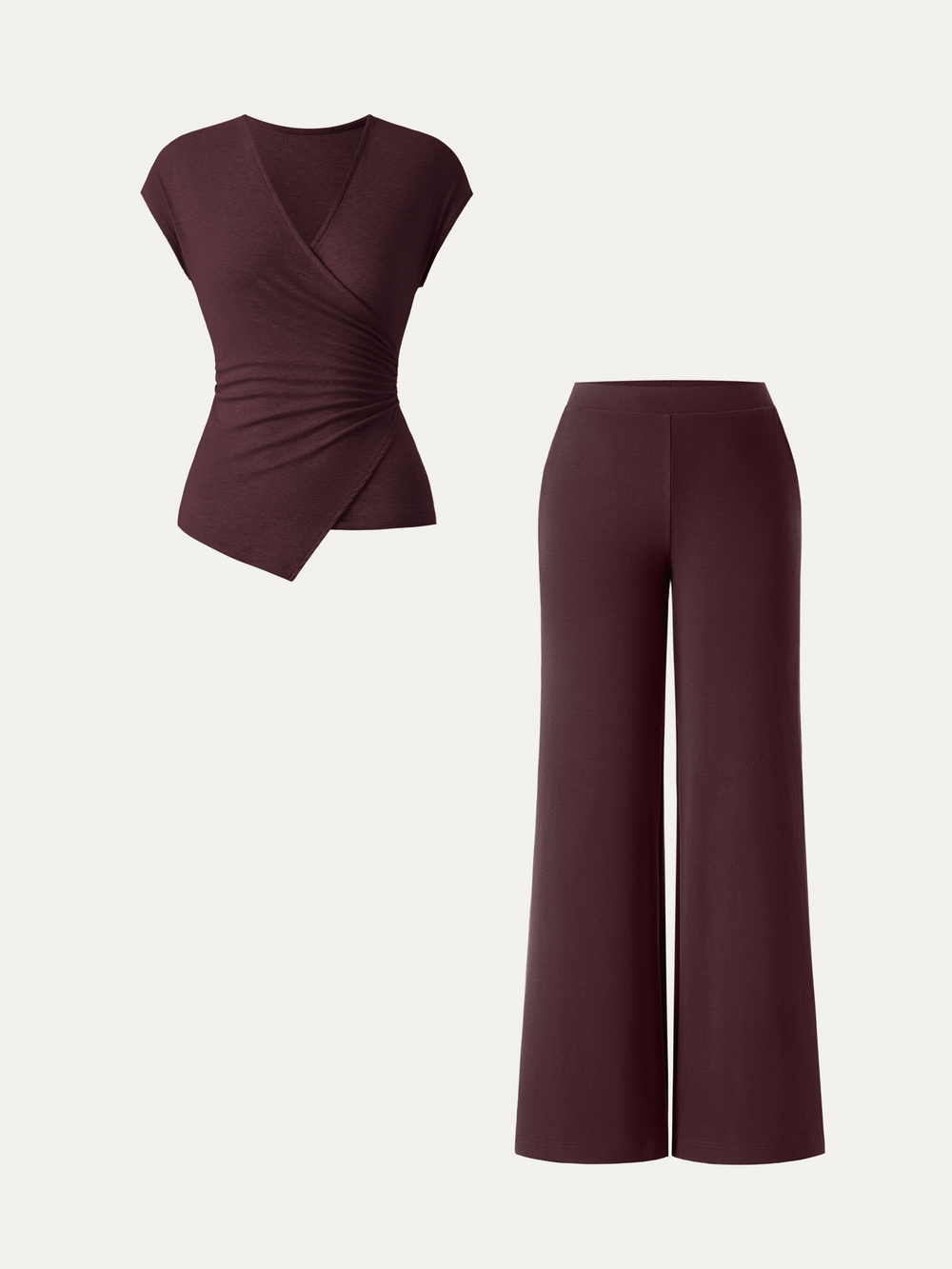 2Pcs Set Lyocell Wool Surplice Cap Sleeve Top & Mid Rise Wide Leg Pants with Pockets — women's women > bundles&sets > bundles, back view