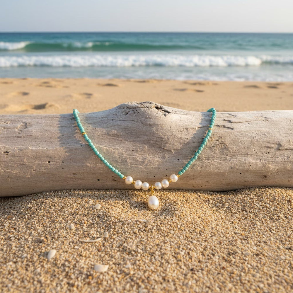 Close-up of the turquoise beads paired with small pearls