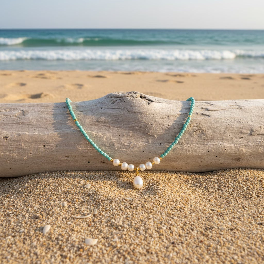 Close-up of the turquoise beads paired with small pearls