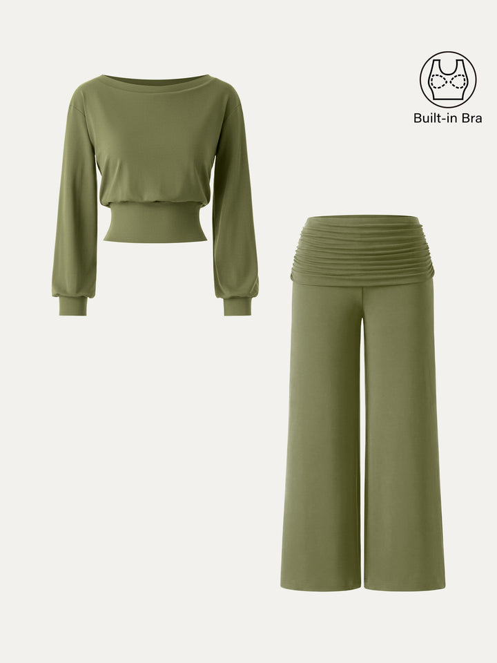 2Pcs Set Boatneck Built-In Bra Top 2.0 & Drapey Wide Leg Pull-on Pants with Pockets