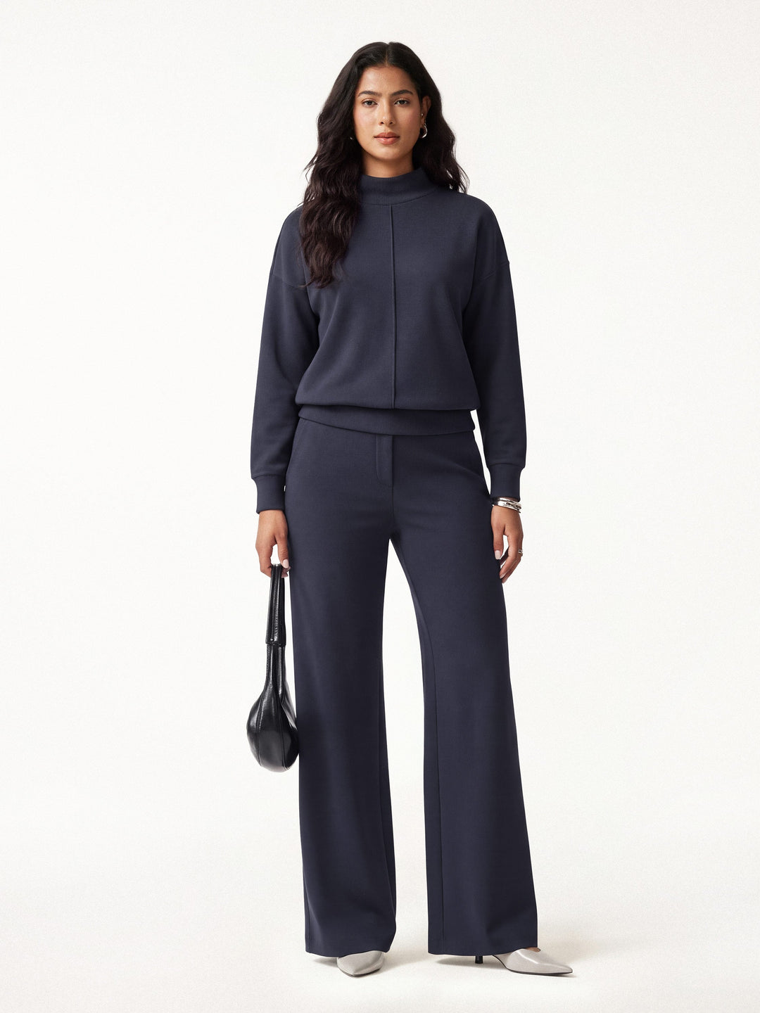2Pcs Set Mockneck Long Sleeve Shirt & High-Rise Wide Leg Pants with Pockets — women's women > bundles&sets > bundles, front view