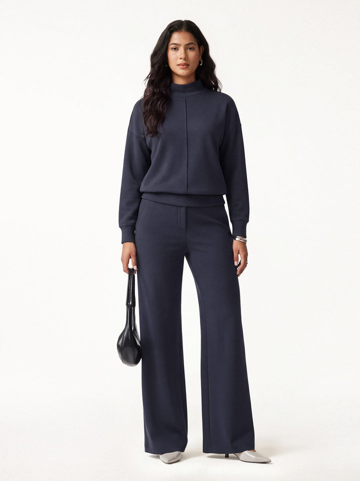 2Pcs Set Mockneck Long Sleeve Shirt & High-Rise Wide Leg Pants with Pockets