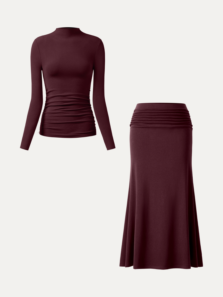2Pcs Set Prowarm Ruched Sides Mockneck Top & Mermaid Maxi Skirt