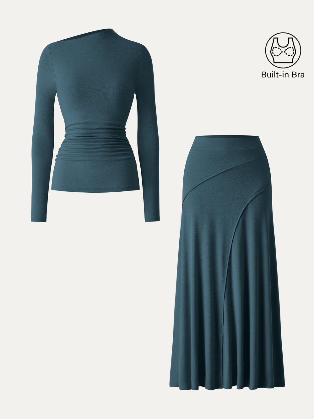 2Pcs Set LiteWarm Asymmetrical Long Sleeve Built-In Bra Top 2.0 & A-Line Midi Skirt — women's women > bundles&sets > bundles, back view