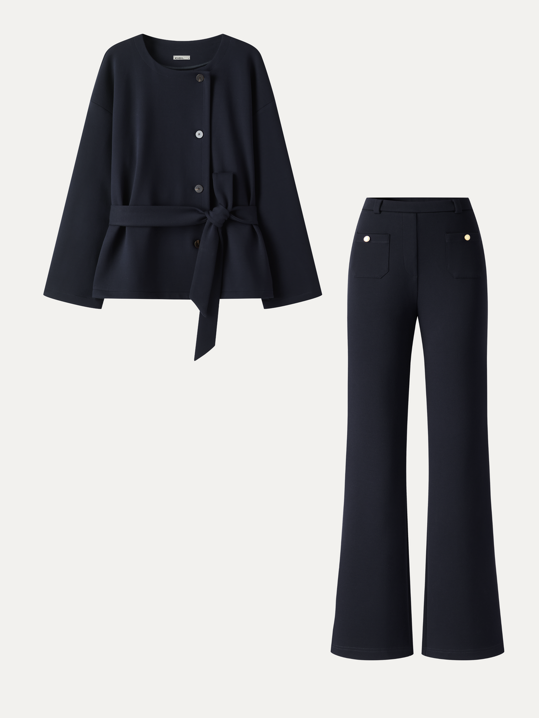 2Pcs Set Round Neck Long Sleeve Belted Jacket with Pockets & Mid-Rise Flared Pants with Pockets