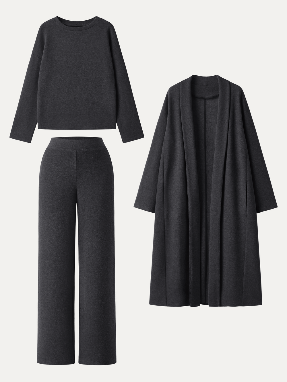 3Pcs Set Long Sleeve Midi Cardigan with Pockets & Boatneck Long Sleeve Top & Wide-Leg Pants with Pockets — women's women > bundles&sets > bundles, back view