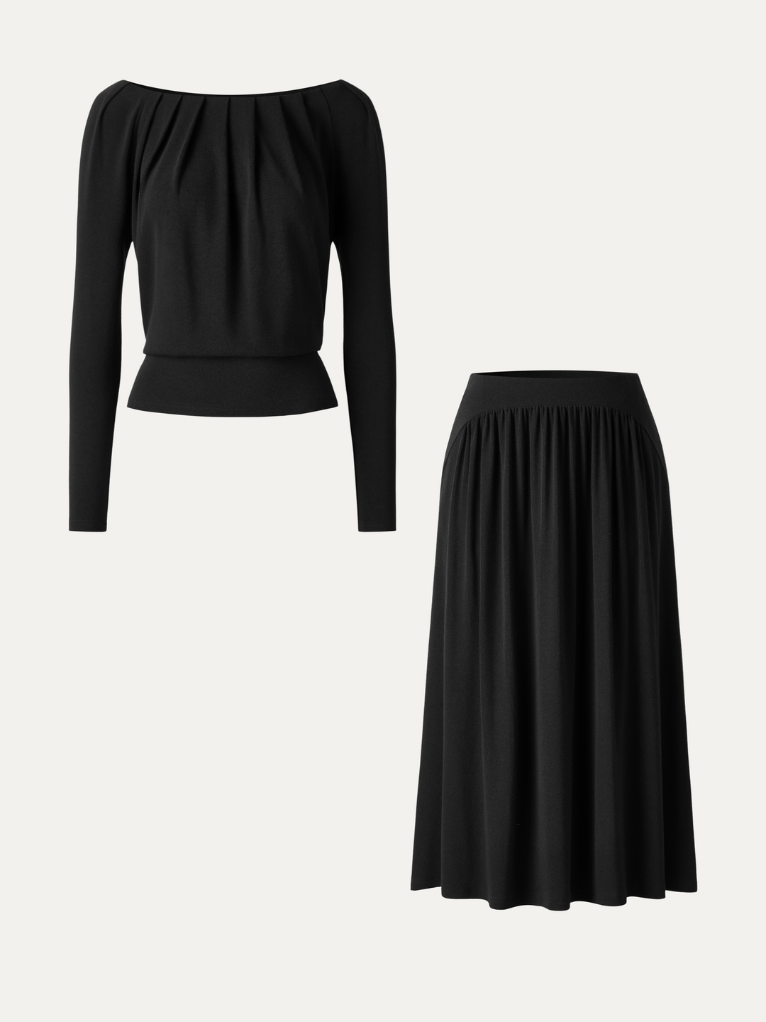 2Pcs Set LiteWarm Boatneck Long Sleeve Tucked Top & High-Rise A-Line Midi Skirt with Pockets