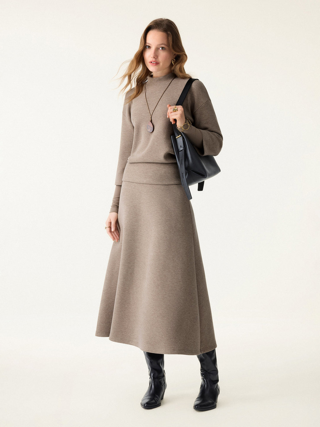 2Pcs Set FuzzLuxe Mockneck Sleeve-Warmer Top &  Midi A-line Circle Skirt — women's women > bundles&sets > bundles, front view