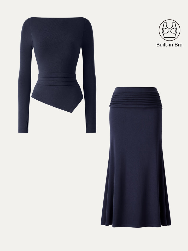 2Pcs Set Asymmetrical Built-In Bra Top 2.0 & Mid-Rise Ruched Flared Midi Skirt