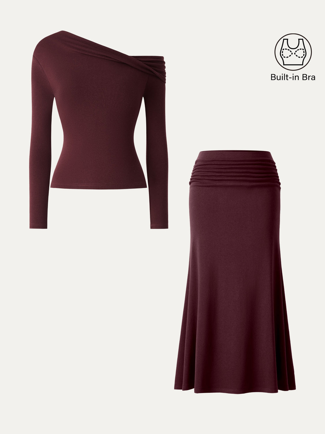 2Pcs Set Prowarm Neck  Built-In Bra Top 3.0 & Mid-Rise Ruched Flared Midi Skirt