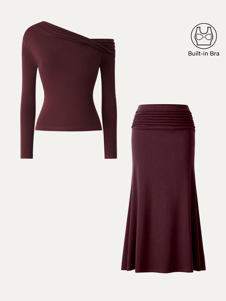 2Pcs Set Prowarm Neck  Built-In Bra Top 3.0 & Mid-Rise Ruched Flared Midi Skirt