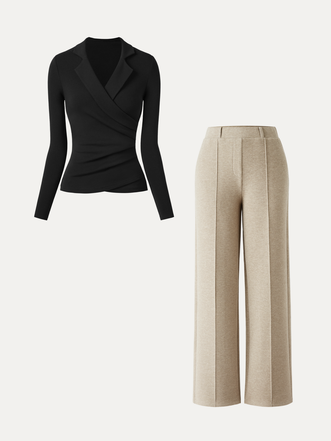 2Pcs Set Collared Surplice Top & High Waisted Straight Leg Pull On Pant