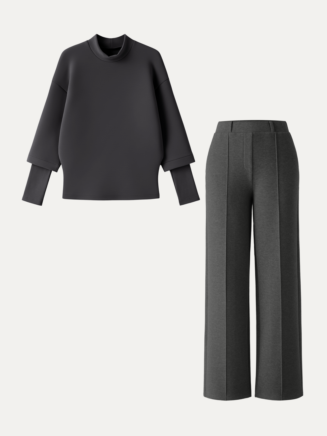 2Pcs Set Mockneck Top & High Waisted Straight Leg Pull On Pant