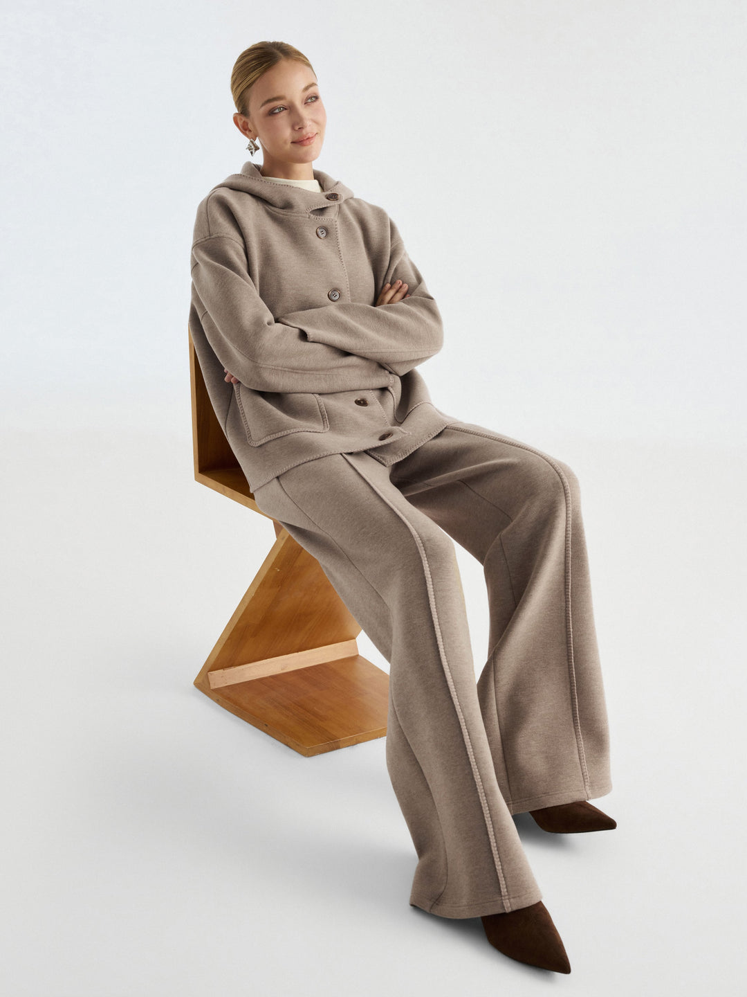 2Pcs Set Hooded Long Sleeve Jacket with Pockets & Mid-Rise Wide-Leg Pants with Pockets — women's women > bundles&sets > bundles, front view