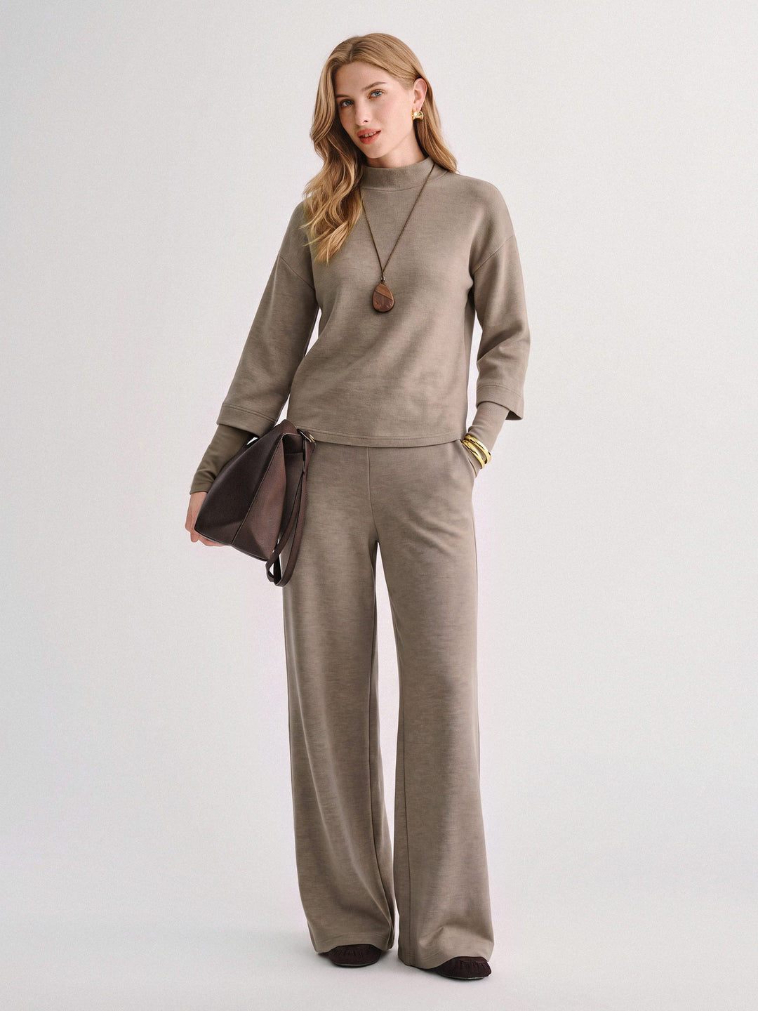 2Pcs Set Mockneck Sleeve-Warmer Top & Straight Leg Pants with Pockets — women's women > bundles&sets > bundles, front view