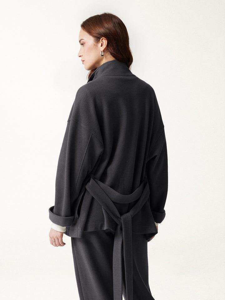 2Pcs Set Waterfall Lapel Belted Jacket with Pockets & Mid-Rise Balloon Pants with Pockets