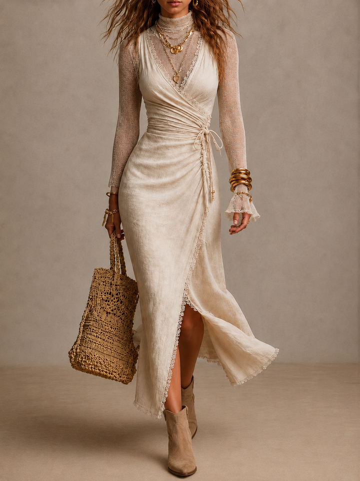 Natural Linen Wrap-Front Ruched Midi Dress With Lace Trim