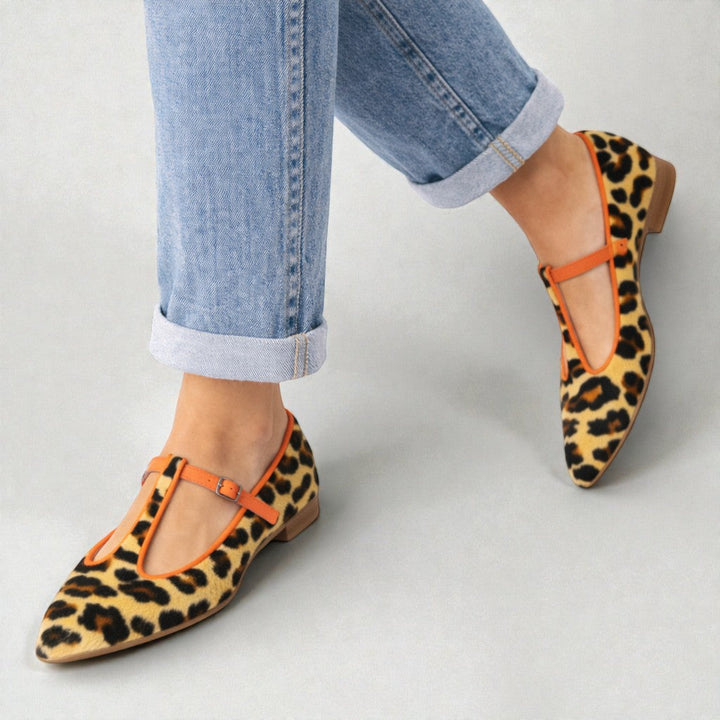 Lulu Leopard T-Strap Flats — front view