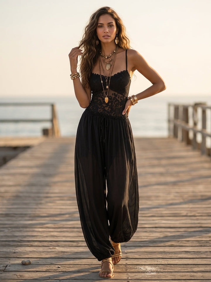 Black Lace Chiffon Halter Harem Jumpsuit
