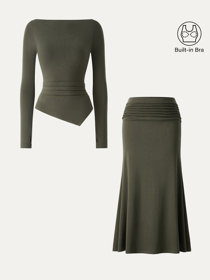 2Pcs Set Asymmetrical Built-In Bra Top 2.0 & Mid-Rise Ruched Flared Midi Skirt