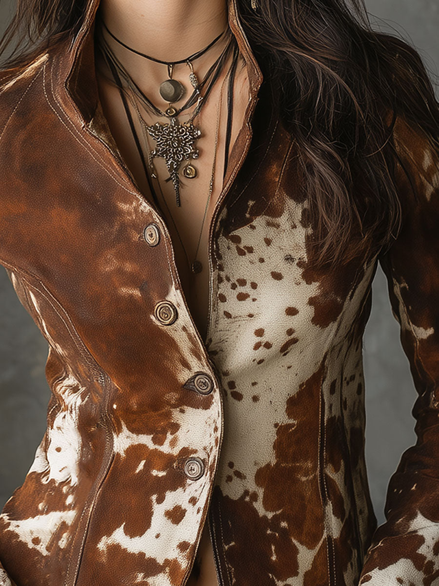 Vintage Stand Collar Suede Cow Print Slim Jacket | Harry & Kate London