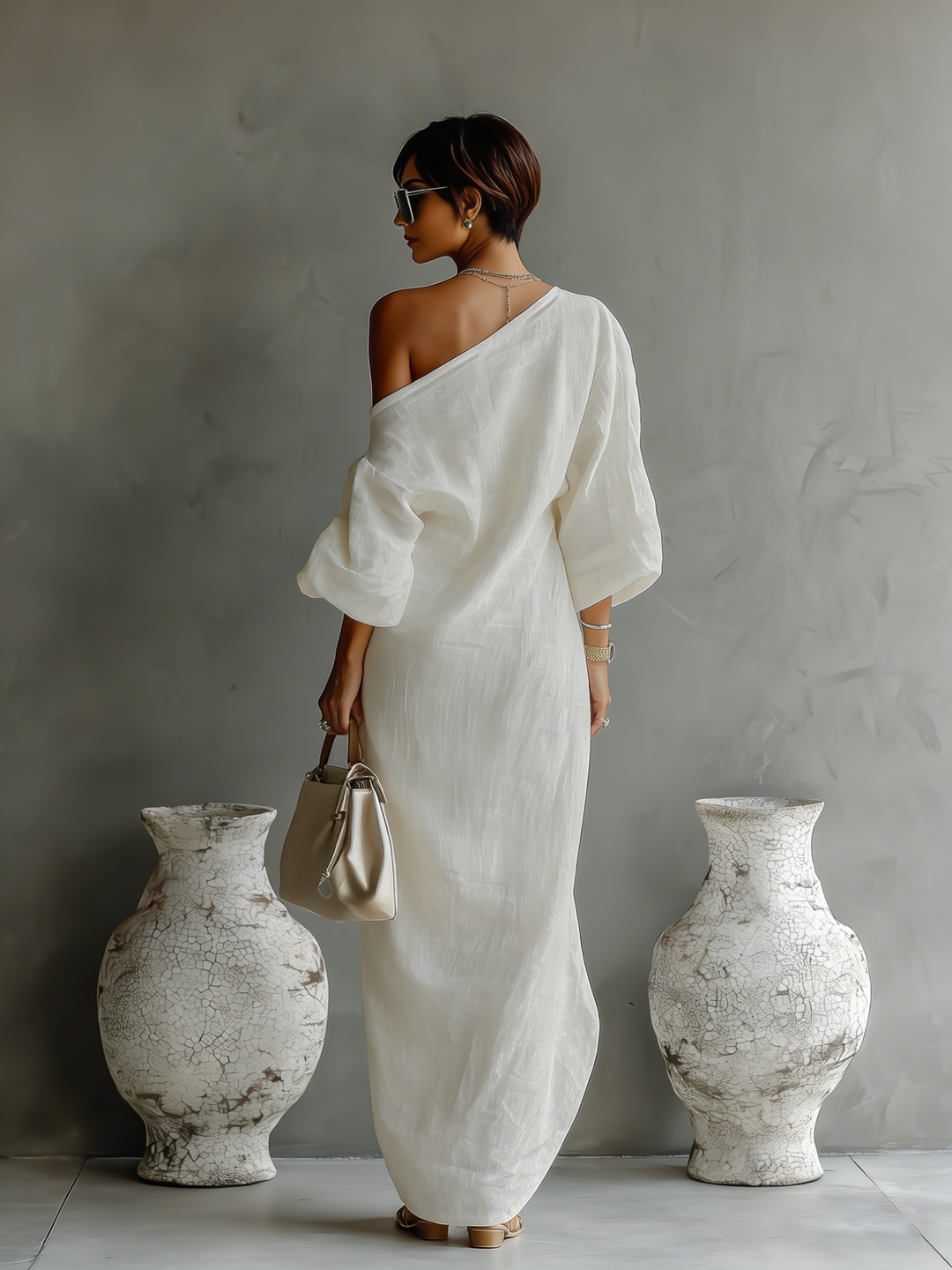 Ivory Off-Shoulder Flowing Dress — styled view