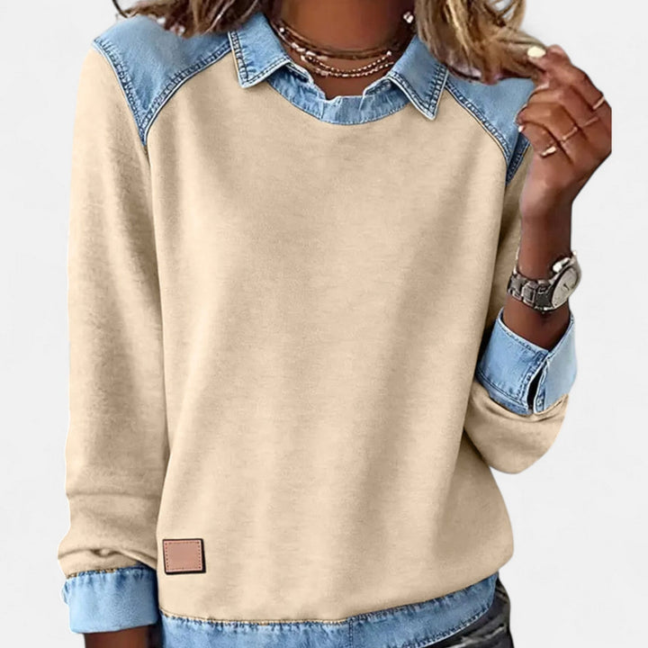 Genevieve | Women's Denim Trim Crew Neck Sweatshirt