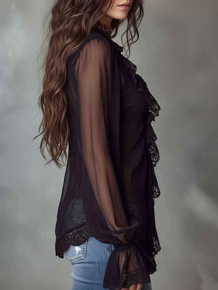 Retro Romantic Black Lace Trim Sheer Chiffon Ruffle Blouse