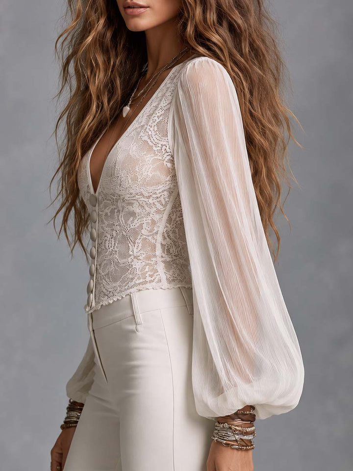 Boho Sheer Lace Deep V-Neck Button-Front Sheer Balloon Sleeve Blouse