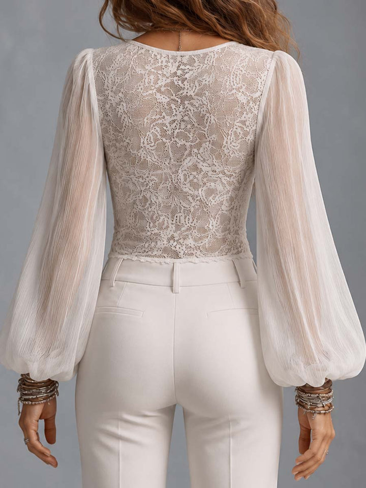 Boho Sheer Lace Deep V-Neck Button-Front Sheer Balloon Sleeve Blouse