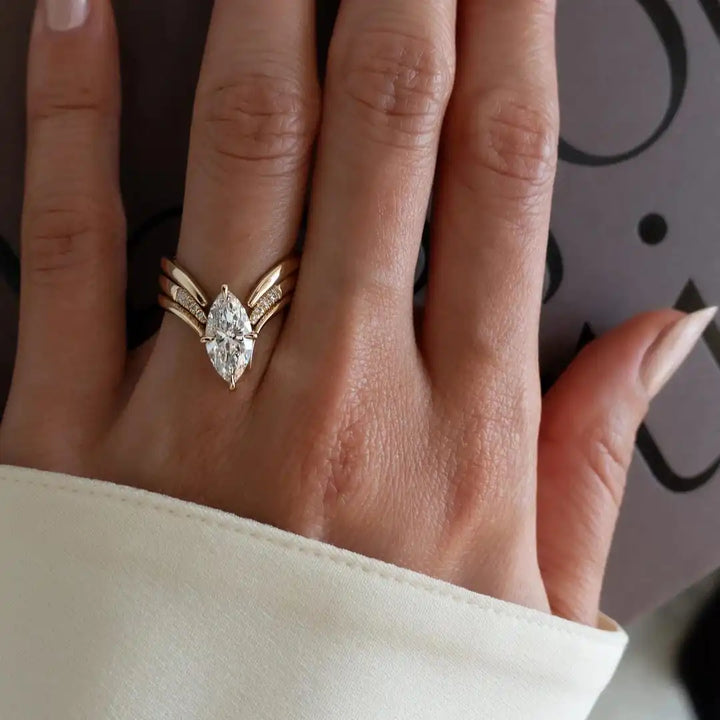 Ring worn on a model's hand