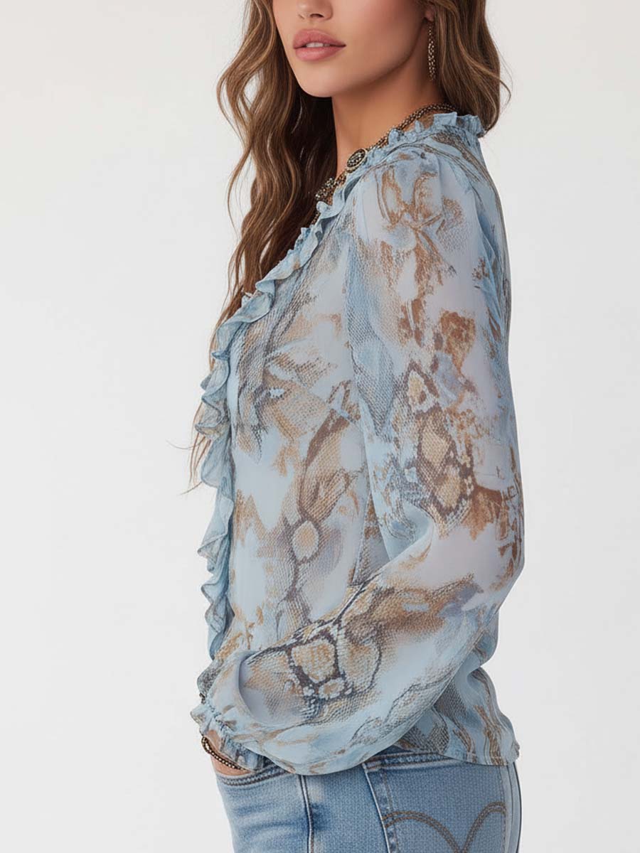 Ruffled Zip-Front Chiffon Blouse In Serene Blue Print | Harry & Kate London