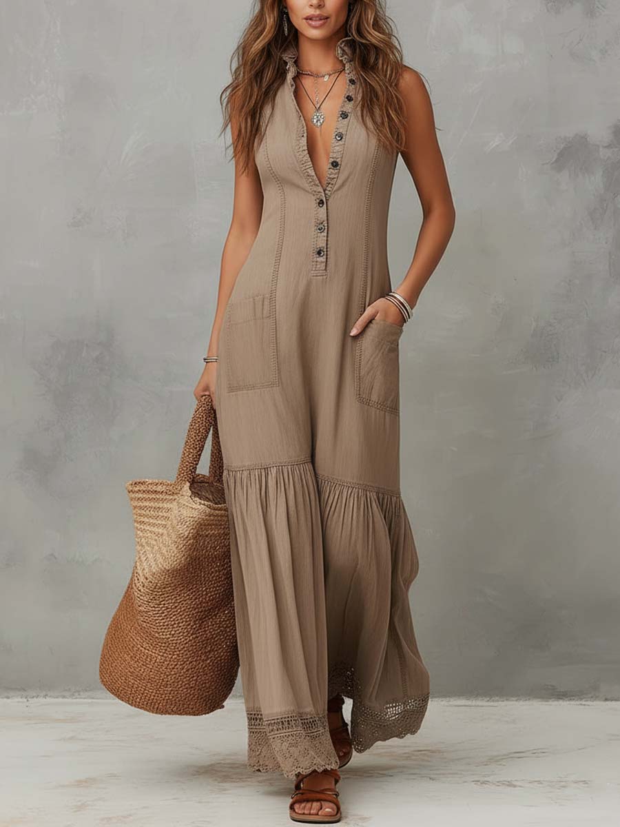Classic Khaki Pure Cotton Sleeveless Maxi Dress