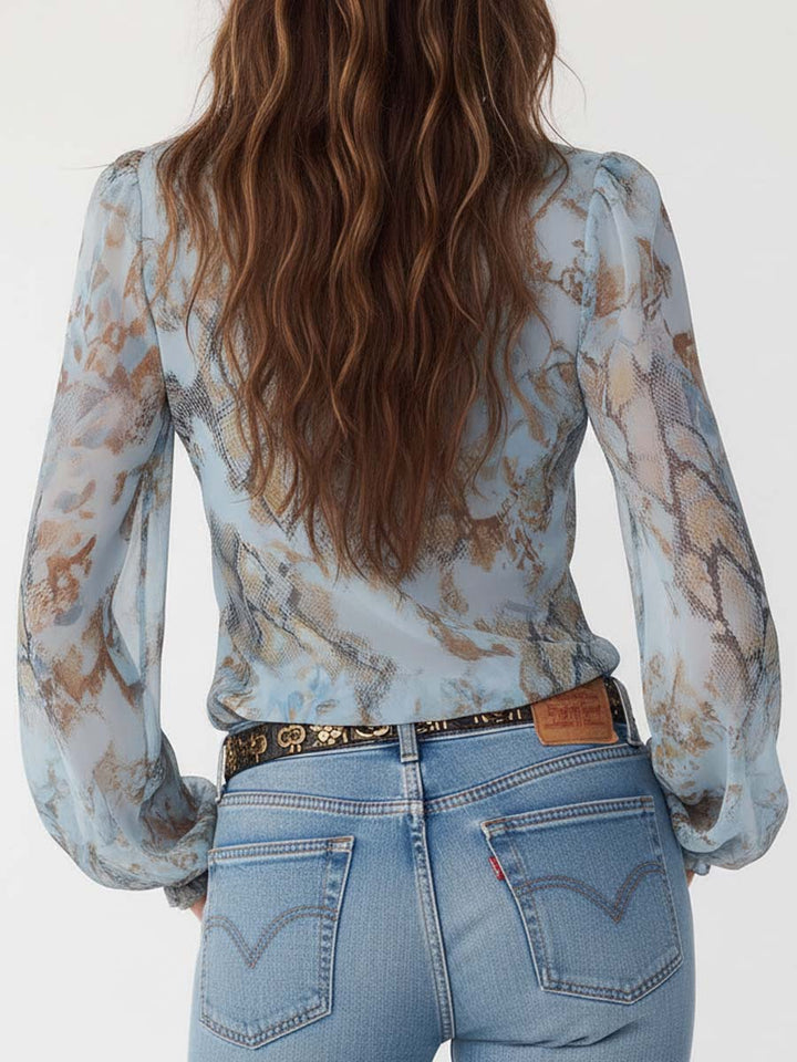 Ruffled Zip-Front Chiffon Blouse In Serene Blue Print | Harry & Kate London